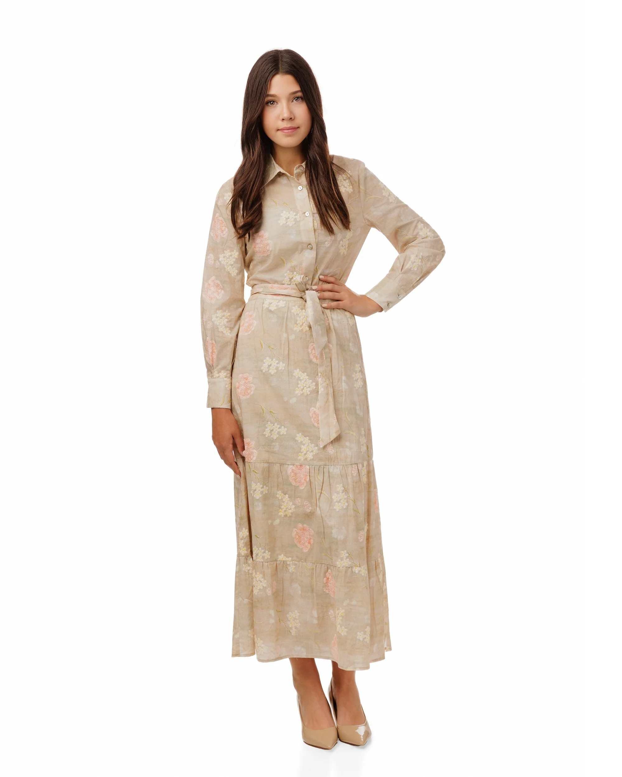 Yellow And Peach Floral Embroidered Tie-Waist Skirt - Tan